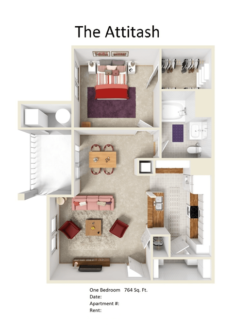 Floor plan for 1 bed, 1 bath, 764 sqft
